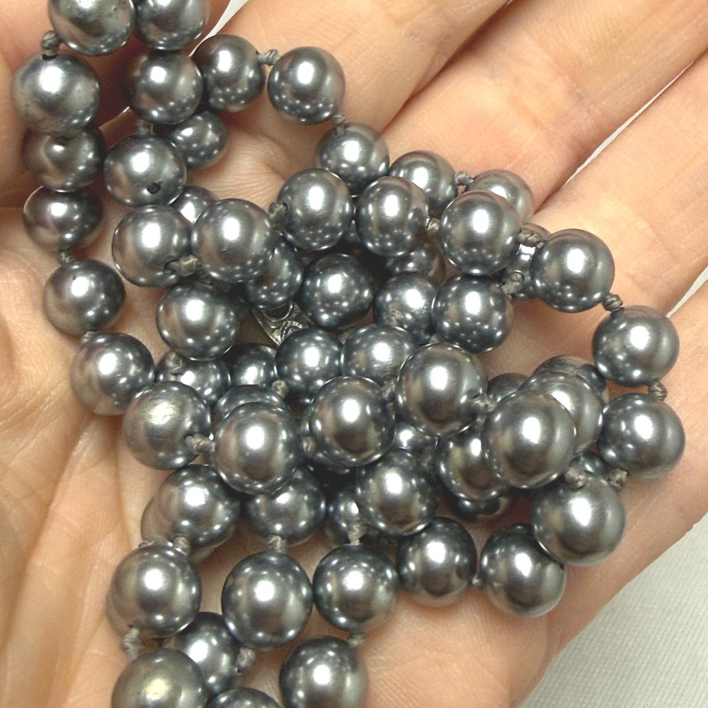 Vintage Japan Hand Knotted Dark Grey Faux Pearl Necklace 24 Inch Single Strand